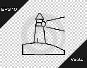 Black line Lighthouse icon isolated on transparent background. Vector