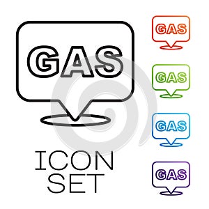 Black line Location and petrol or gas station icon isolated on white background. Car fuel symbol. Gasoline pump. Set