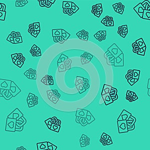 Black line Lock with heart icon isolated seamless pattern on green background. Locked Heart. Love symbol and keyhole