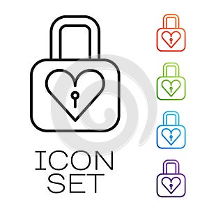 Black line Lock and heart icon isolated on white background. Locked Heart. Love symbol and keyhole sign. Valentines day