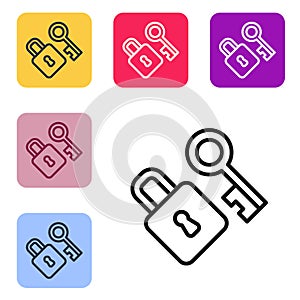 Black line Lock with key icon isolated on white background. Love symbol and keyhole sign. Set icons in color square