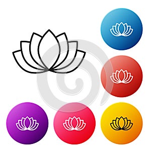 Black line Lotus flower icon isolated on white background. Set icons colorful circle buttons. Vector