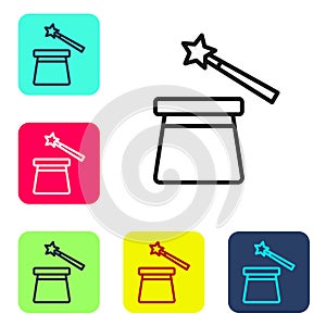 Black line Magic hat and wand icon isolated on white background. Magic trick. Mystery entertainment concept. Set icons