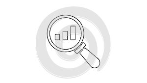 Black line Magnifying glass and data analysis icon isolated on white background. 4K Video motion graphic animation