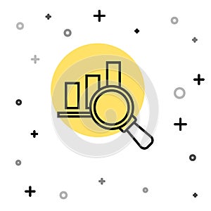 Black line Magnifying glass and data analysis icon isolated on white background. Random dynamic shapes. Vector