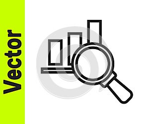Black line Magnifying glass and data analysis icon isolated on white background. Vector