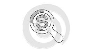 Black line Magnifying glass and dollar icon isolated on white background. Find money. Looking for money. 4K Video motion