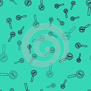 Black line Magnifying glass and dollar symbol icon isolated seamless pattern on green background. Find money. Looking