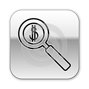 Black line Magnifying glass and dollar symbol icon isolated on white background. Find money. Looking for money. Silver