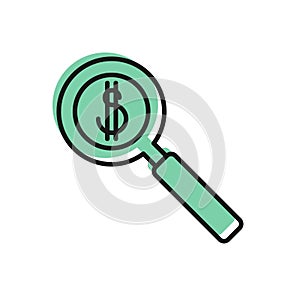 Black line Magnifying glass and dollar symbol icon isolated on white background. Find money. Looking for money. Vector