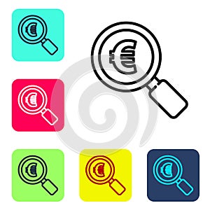 Black line Magnifying glass and euro symbol icon isolated on white background. Find money. Looking for money. Set icons