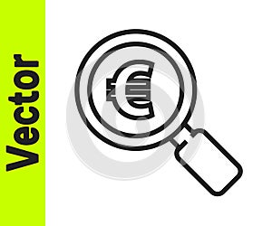 Black line Magnifying glass and euro symbol icon isolated on white background. Find money. Looking for money. Vector