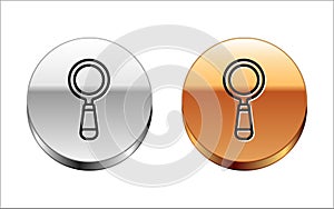 Black line Magnifying glass icon isolated on white background. Search, focus, zoom, business symbol. Silver-gold circle