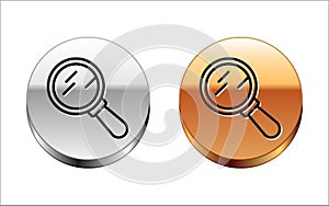 Black line Magnifying glass icon isolated on white background. Search, focus, zoom, business symbol. Silver-gold circle
