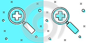 Black line Magnifying glass for search medical icon isolated on green and white background. Hospital search. Random