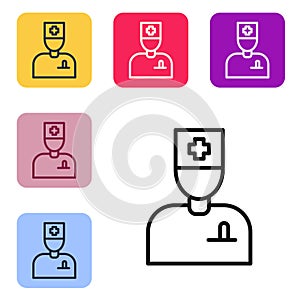 Black line Male doctor icon isolated on white background. Set icons in color square buttons. Vector