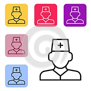 Black line Male doctor icon isolated on white background. Set icons in color square buttons. Vector