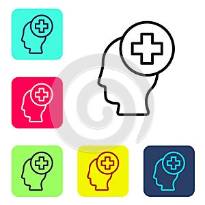 Black line Male head with hospital icon isolated on white background. Head with mental health, healthcare and medical sign. Set