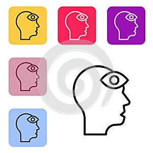 Black line Man with third eye icon isolated on white background. The concept of meditation, vision of energy, aura. Set