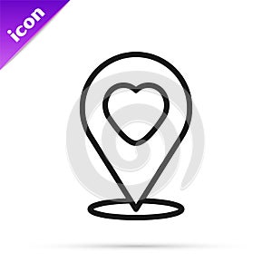 Black line Map pointer with heart icon isolated on white background. Valentines day. Love location. Romantic map pin
