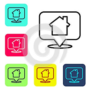 Black line Map pointer with house icon isolated on white background. Home location marker symbol. Set icons in color