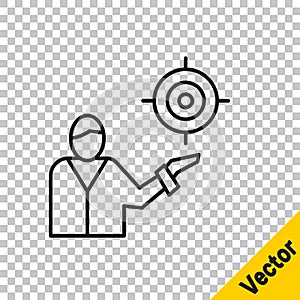 Black line Marketing target strategy concept icon isolated on transparent background. Aim with people sign. Vector
