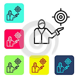 Black line Marketing target strategy concept icon isolated on white background. Aim with people sign. Set icons in color