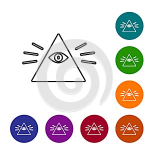 Black line Masons symbol All-seeing eye of God icon isolated on white background. The eye of Providence in the triangle