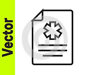 Black line Medical clipboard with clinical record icon isolated on white background. Health insurance form. Prescription