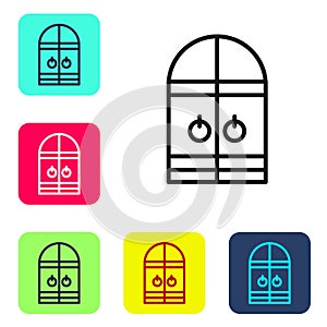 Black line Medieval castle gate icon isolated on white background. Medieval fortress. Protection from enemies. Set icons