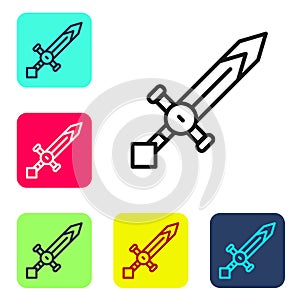Black line Medieval sword icon isolated on white background. Medieval weapon. Set icons in color square buttons. Vector