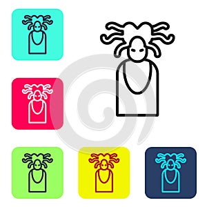 Black line Medusa Gorgon head with snakes greek icon isolated on white background. Set icons in color square buttons