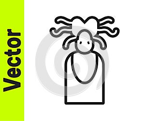 Black line Medusa Gorgon head with snakes greek icon isolated on white background. Vector