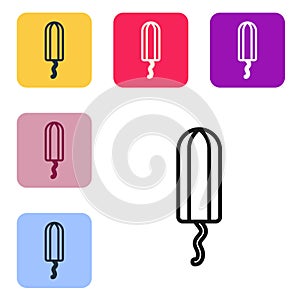 Black line Menstruation and sanitary tampon icon isolated on white background. Feminine hygiene product. Set icons in