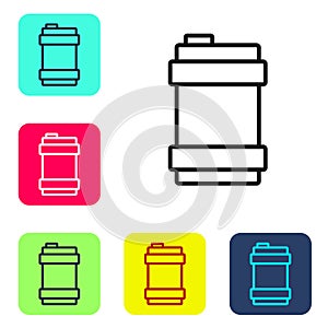 Black line Metal beer keg icon isolated on white background. Set icons in color square buttons. Vector