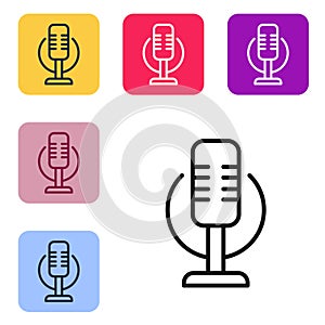 Black line Microphone icon isolated on white background. On air radio mic microphone. Speaker sign. Set icons in color