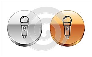 Black line Microphone icon isolated on white background. On air radio mic microphone. Speaker sign. Silver-gold circle