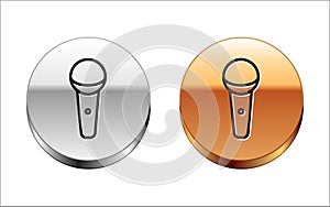 Black line Microphone icon isolated on white background. On air radio mic microphone. Speaker sign. Silver-gold circle