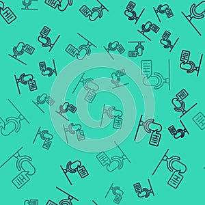 Black line Microphone voice device icon isolated seamless pattern on green background. Microphone interpreter and