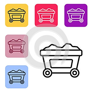 Black line Mine cart with gold icon isolated on white background. Set icons in color square buttons. Vector