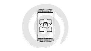 Black line Mobile phone and eye scan icon isolated on white background. Scanning eye. Security check symbol. Cyber eye