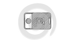 Black line Mobile phone with record frame camera icon isolated on white background. Mobile app application. Photo and