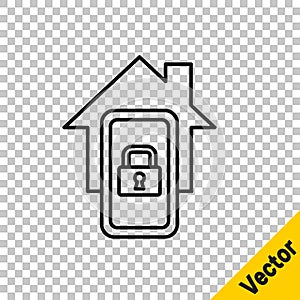Black line Mobile phone with smart home icon isolated on transparent background. Remote control. Vector