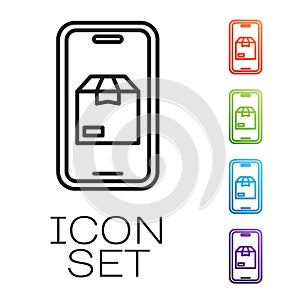 Black line Mobile smart phone with app delivery tracking icon isolated on white background. Parcel tracking. Set icons