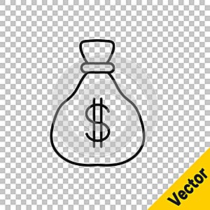 Black line Money bag icon isolated on transparent background. Dollar or USD symbol. Cash Banking currency sign. Vector