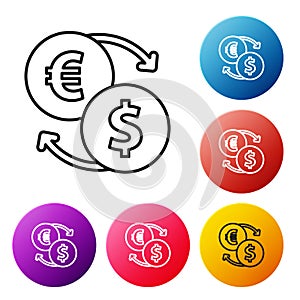 Black line Money exchange icon isolated on white background. Euro and Dollar cash transfer symbol. Banking currency sign