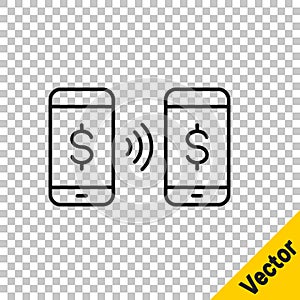 Black line Money payment transfer in mobile icon isolated on transparent background. Concept of fast pay by purchase