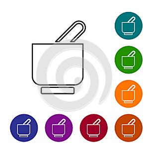 Black line Mortar and pestle icon isolated on white background. Set icons in color circle buttons. Vector