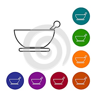 Black line Mortar and pestle icon isolated on white background. Set icons in color circle buttons. Vector Illustration