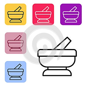 Black line Mortar and pestle icon isolated on white background. Set icons in color square buttons. Vector